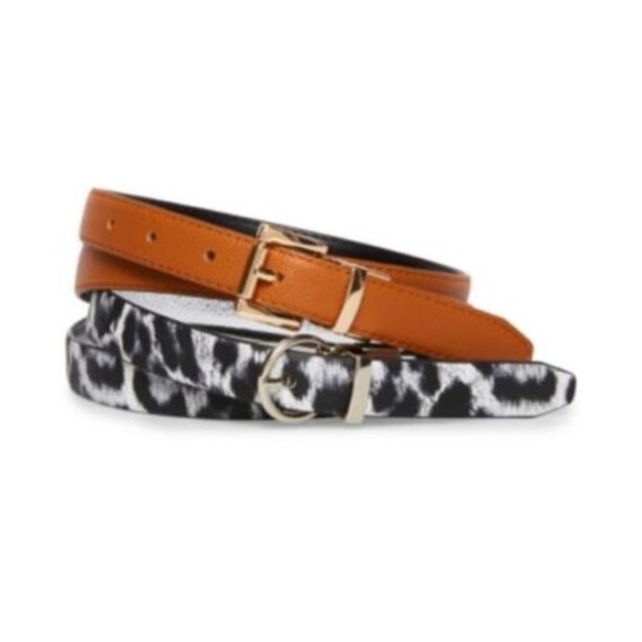 Steve Madden NWOT Reversible Belt Single Prong Animal Print Solid Silver Med New - Picture 1 of 9